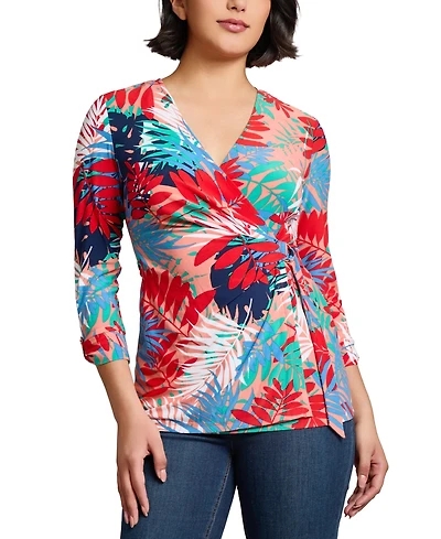 Jones New York Women's Printed Faux-Wrap Tie-Waist Top