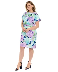 London Times Plus Floral-Print Tie-Neck Sheath Dress
