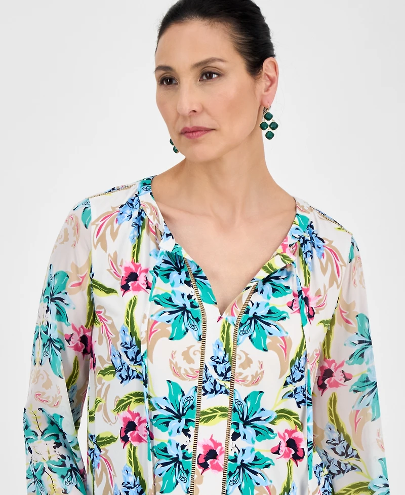 Jm Collection Women's Printed Tie-Neck Long-Sleeve Blouse, Exclusively at Macy's