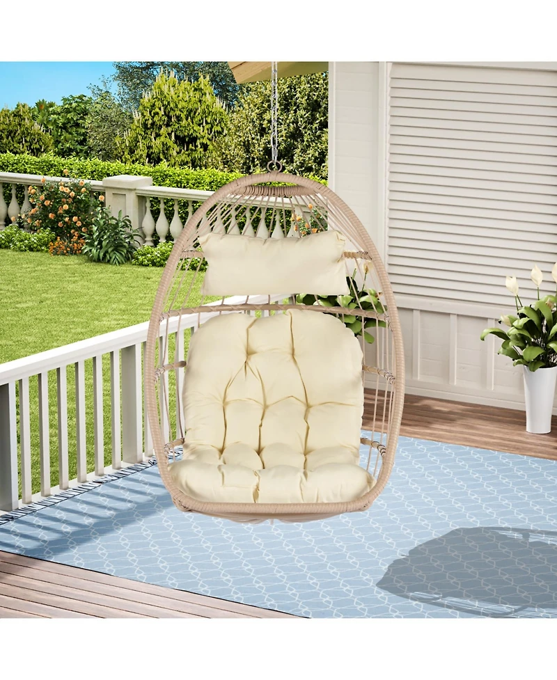 Streamdale Outdoor Garden Rattan Egg Swing Chair Hanging Chair Wood+Khaki