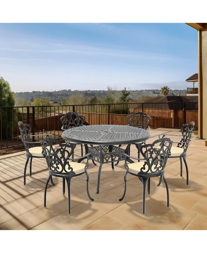 Streamdale (Cushions In Random Colors)7-Piece Set Of Cast Aluminum Patio Furniture