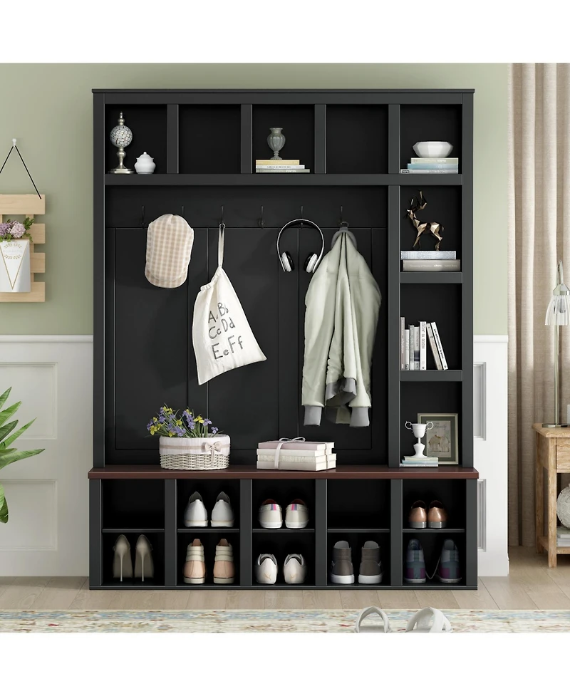 Streamdale Farmhouse Hall Tree with 6 Hooks, Bench, Shelves, and 13 Cubbies