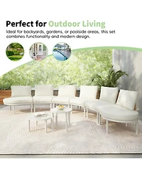 8-Pc Half Moon Patio Sofa Set, Wicker, Glass Tables, Cushions & Pillows, Beige