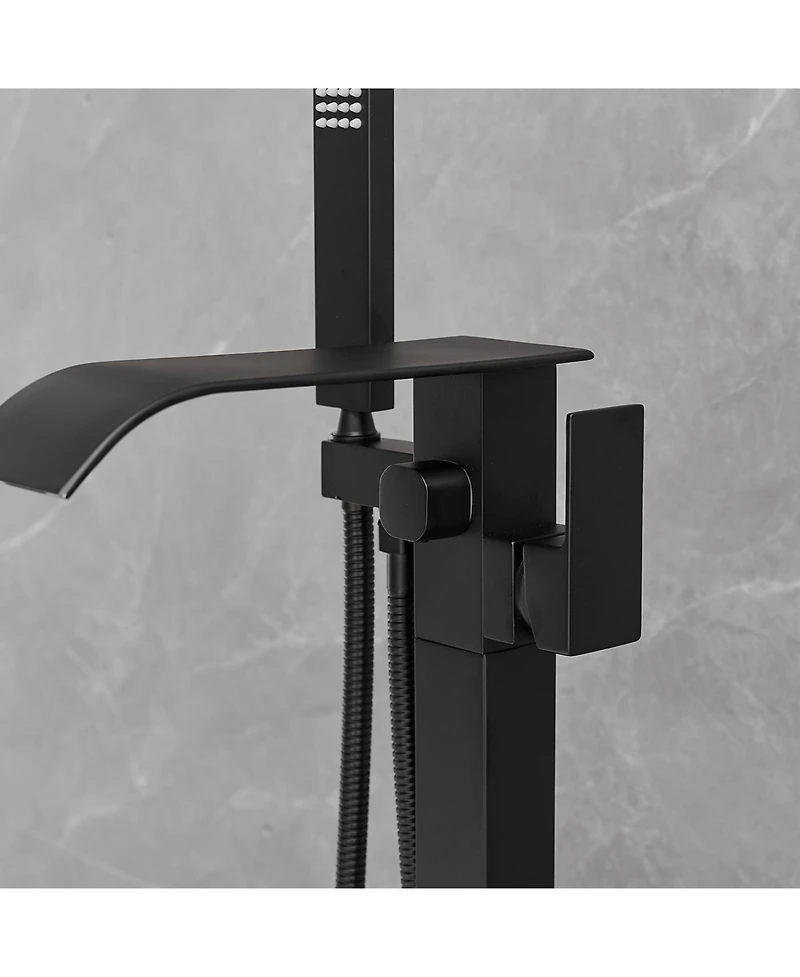 Single-Handle Freestanding Tub Faucet with Hand Shower Brass Waterfall Floor Mount Tub Filler in Matte Black