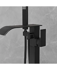 Single-Handle Freestanding Tub Faucet with Hand Shower Brass Waterfall Floor Mount Tub Filler in Matte Black
