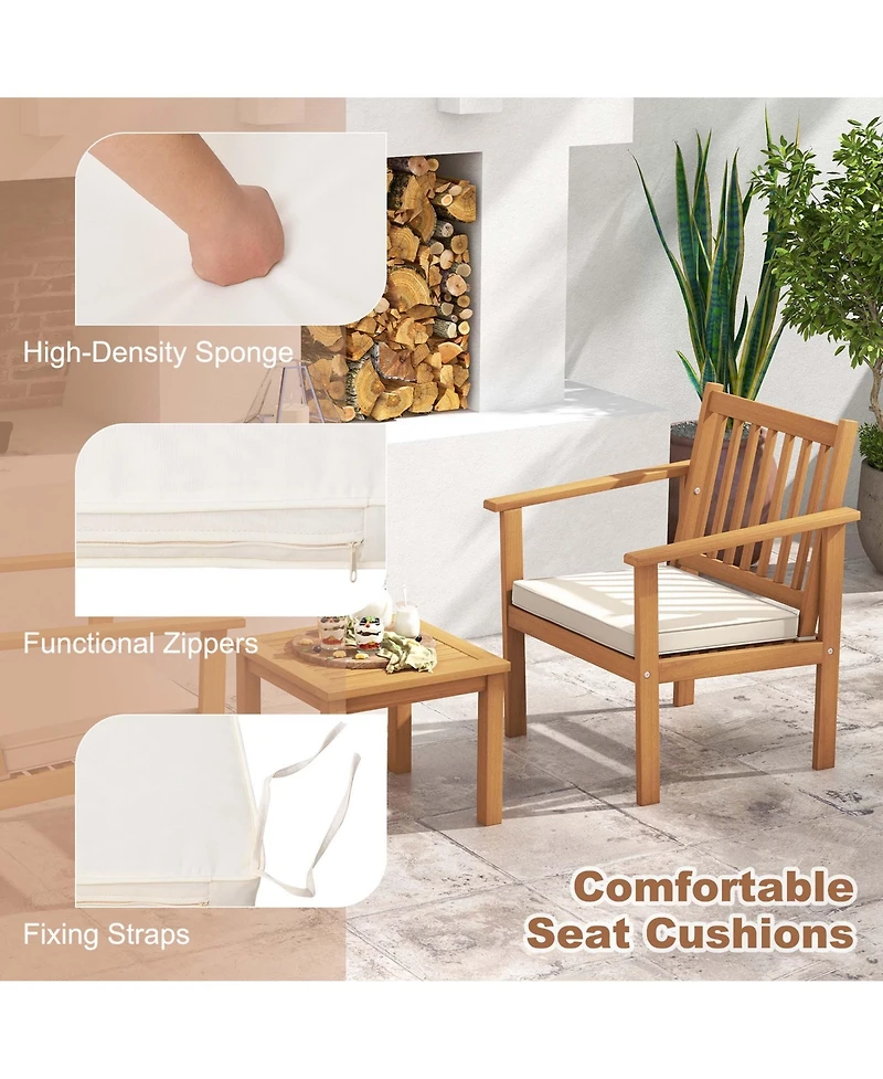 3 Pcs Patio Wood Furniture Set Acacia Wood Chairs & Coffee Table with soft Cushions