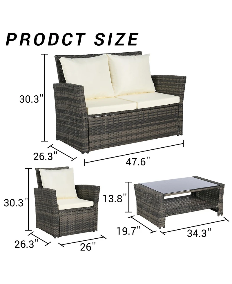 Streamdale 4-Piece Outdoor Patio Furniture Set, Rattan Chairs, Glass Table