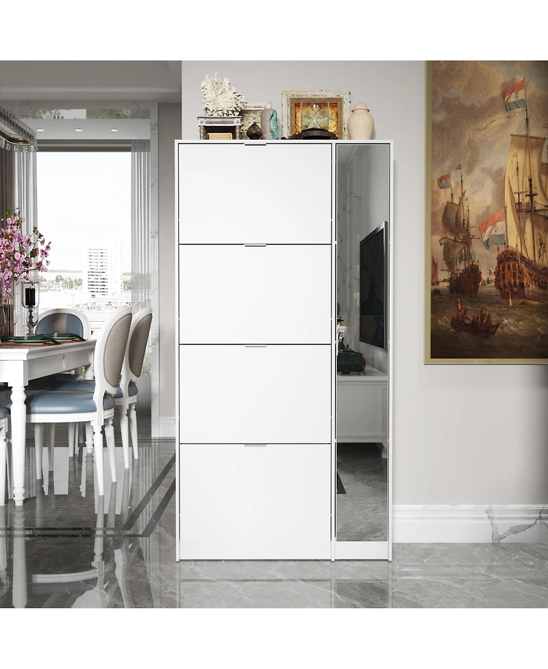4-tier chest of drawers with metal handles and a side cabinet, white wooden shoe rack with adjustable partitions, mirrored doors