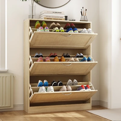 Wooden 3-door yellow shoe cabinet, multifunctional shoe rack with adjustable shelves, rattan drawers