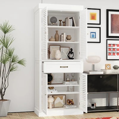 White wooden shoe cabinet with six storage cabinets and one drawer,shoe rack with adjustable shelves