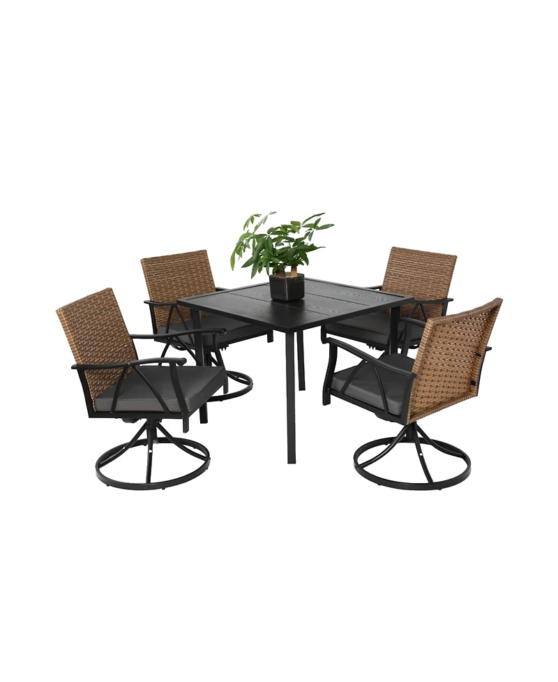 Streamdale 5pc Patio Dining Set, Wicker, Swivel Chairs, Steel Table, Cushions