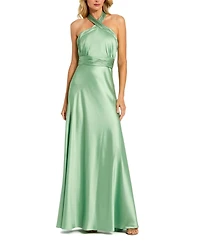 Mac Duggal Women's Ruched Halter Neck Tie Back Satin Gown