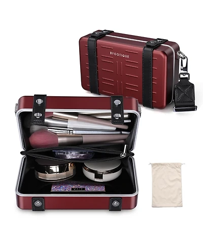 Byootique Mini Suitcase Crossbody Bag Portable Hard Shell Aluminum Cosmetic Makeup Case with Adjustable Strap Travel Handbag for Artist,Red