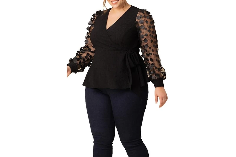 Kiyonna Plus Scattered Petals Long Sleeve Wrap Top