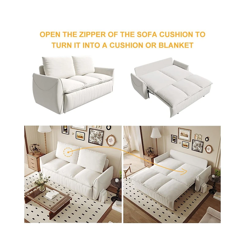 Streamdale 70" Convertible Sofa Sleeper Bed, 3-Seat Velvet Loveseat with Pillow and Blanket Set (Beige)
