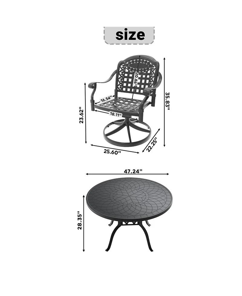 Streamdale 5-Pc Cast Aluminum Dining Set, 4 Swivel Chairs, 47" Round Table