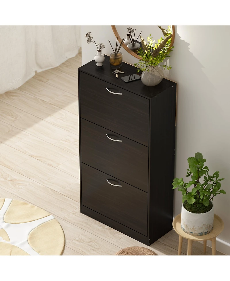 Wooden 3-door white shoe cabinet, shutter door drawers