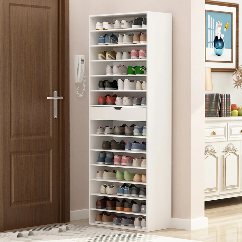 13-tier partition shoe cabinet with adjustable shelves, multifunctional storage, one drawer, spinner wheel design, four wheels, two with brakes, white