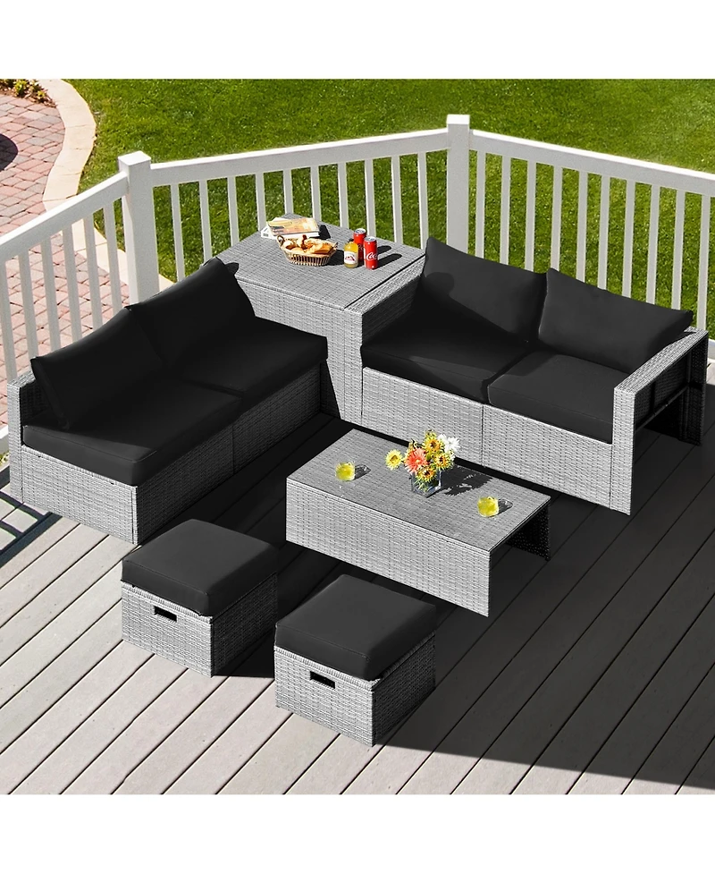 Gymax 8PCS Rattan Patio Space-Saving Furniture Set w/ Waterproof Cover & Cushions