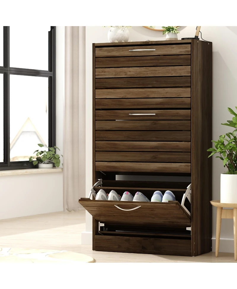 Wooden 3-door shoe cabinet, shutter door drawers