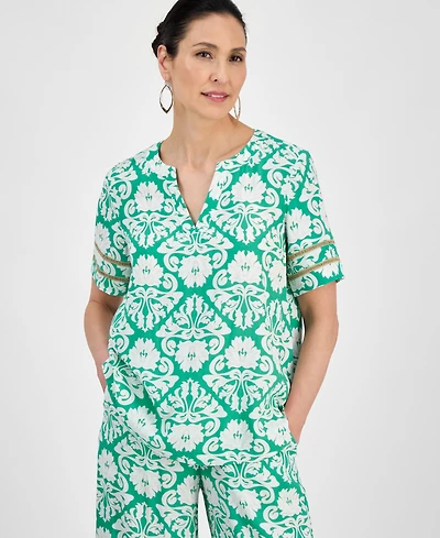 Jm Collection Women's Printed Split-Neck Short-Sleeve Top, Exclusively at Macy's
