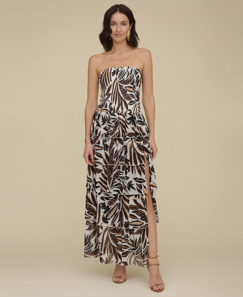 Avec Les Filles Women's Printed Smocked-Bodice Ruffle-Tiered Maxi Dress