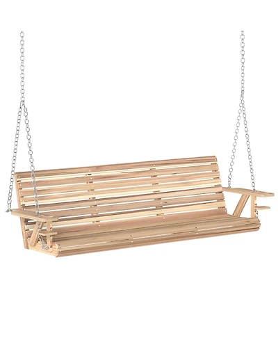 Outsunny 5 Ft Wooden Porch Swing 3-Seater with Cupholders,