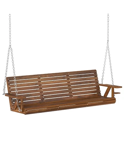 Outsunny 5 Ft Wooden Porch Swing 3-Seater with Cupholders,