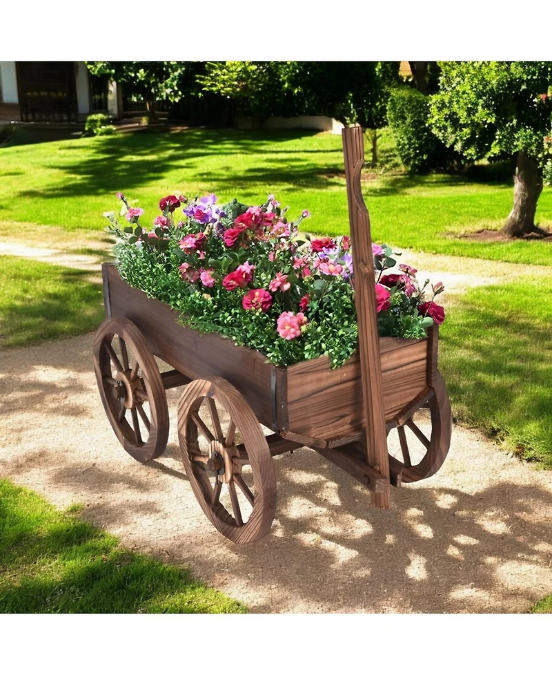Outdoor Garden Fir Wood Barrel Planter Wagon on Wooden Wheels