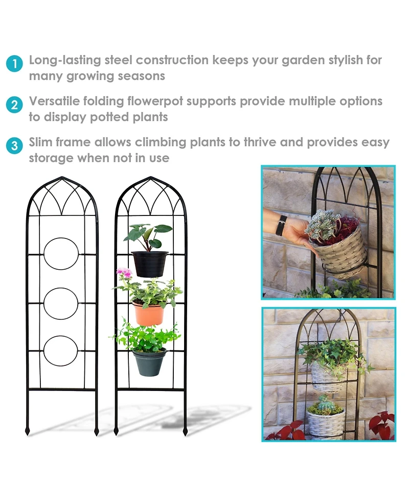 Steel Wire Arched Climbing Plants Wall Trellis with Flowerpot Supports - 48" H - Black - 2-Pack