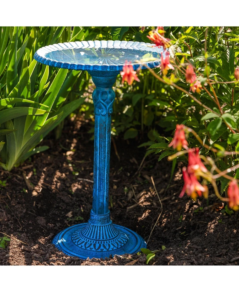 Art Deco Sunburst Cast Aluminum Metal Bird Bath - Blue Patina - 14"