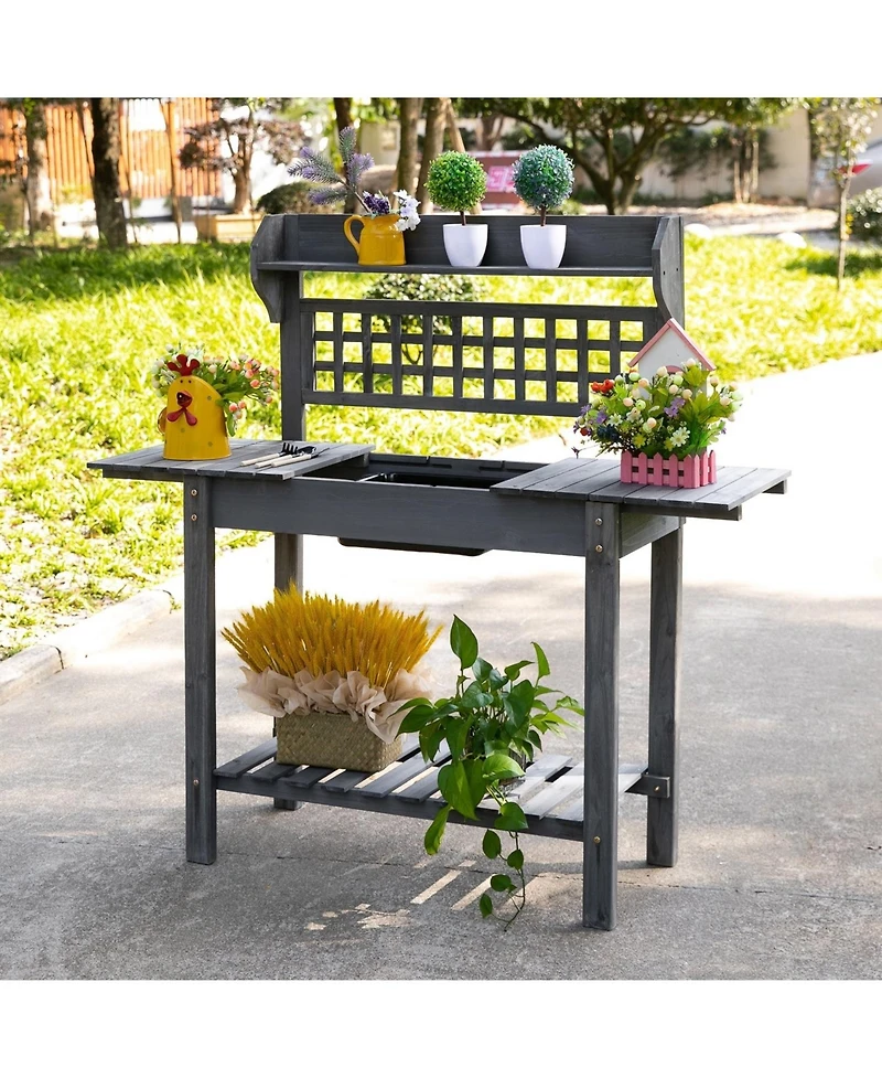 Outdoor Wood Potting Bench Expandable Top with Food Grade Plastic Sink