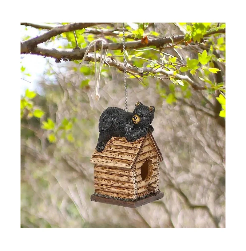 Outdoor Polyresin A-Frame Birdhouse with Bear Figurine and Wood Finish for Gardens