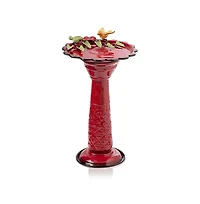 Metal Outdoor Garden Birdbath with Decorative Bird and Leaf Figurines for Patio Decor