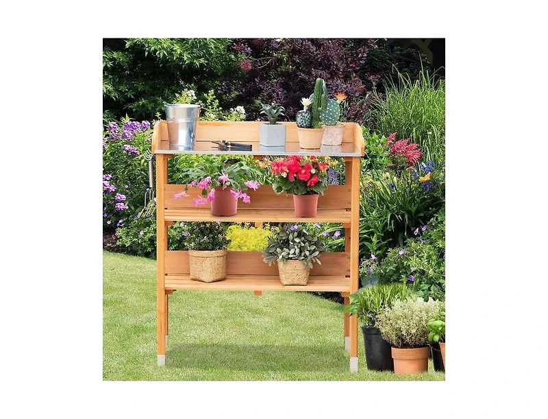 Outdoor Garden Bench Table with Bottom Storage Shelves for Patio and Yard Organization