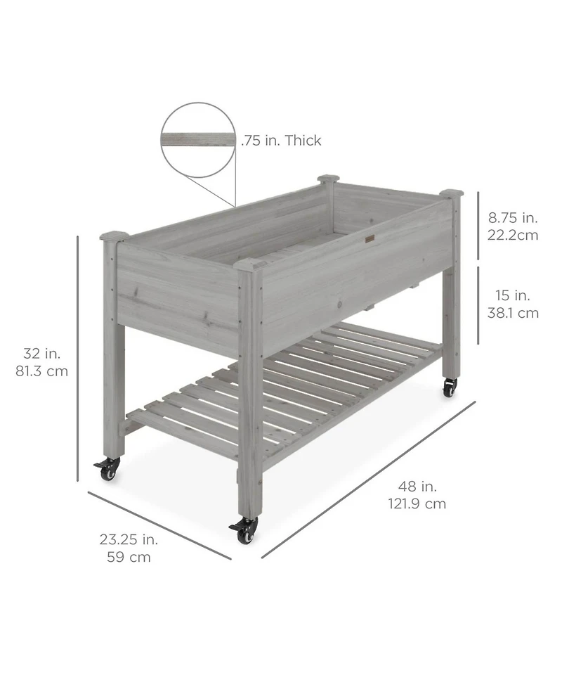 Outdoor Wood Raised Garden Bed Planter Box with Shelf and Locking Wheels
