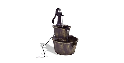 Outdoor 2-Tier Rustic Barrel Water Fountain with Submersible Pump for Garden Decoration