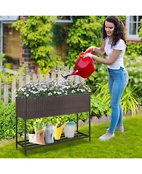 Wicker Raised Garden Bed with Storage Shelf and Drainage Gaps for Flowers