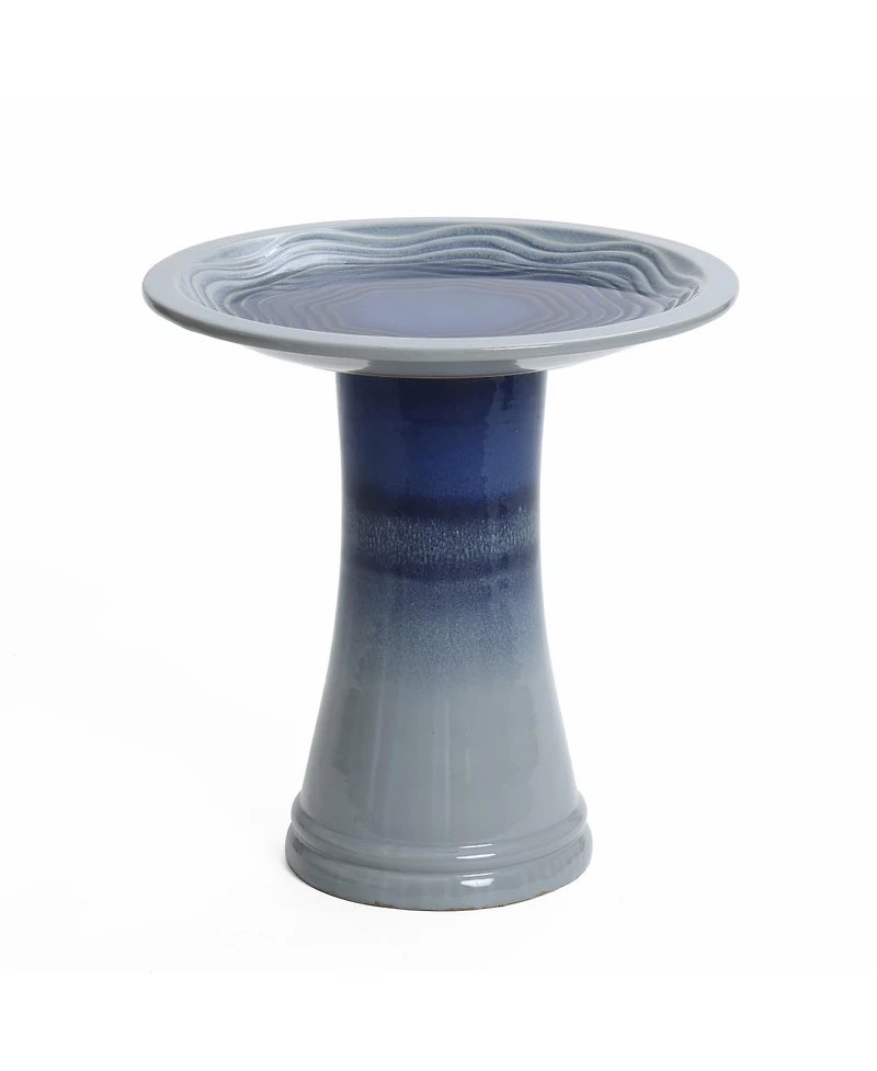 LuxenHome Blue Waves 18-Inch Tall Ceramic Birdbath