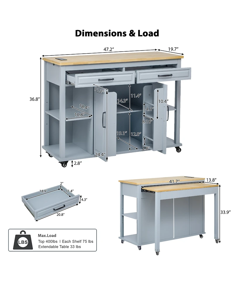 Streamdale Extendable Grey Kitchen Island with Storage, Power Outlet & Drawers