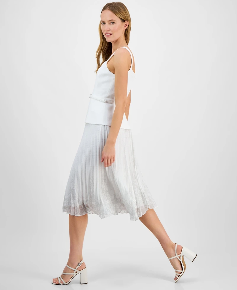 julia jordan Women's Sleeveless Belted Mix-Media Dress