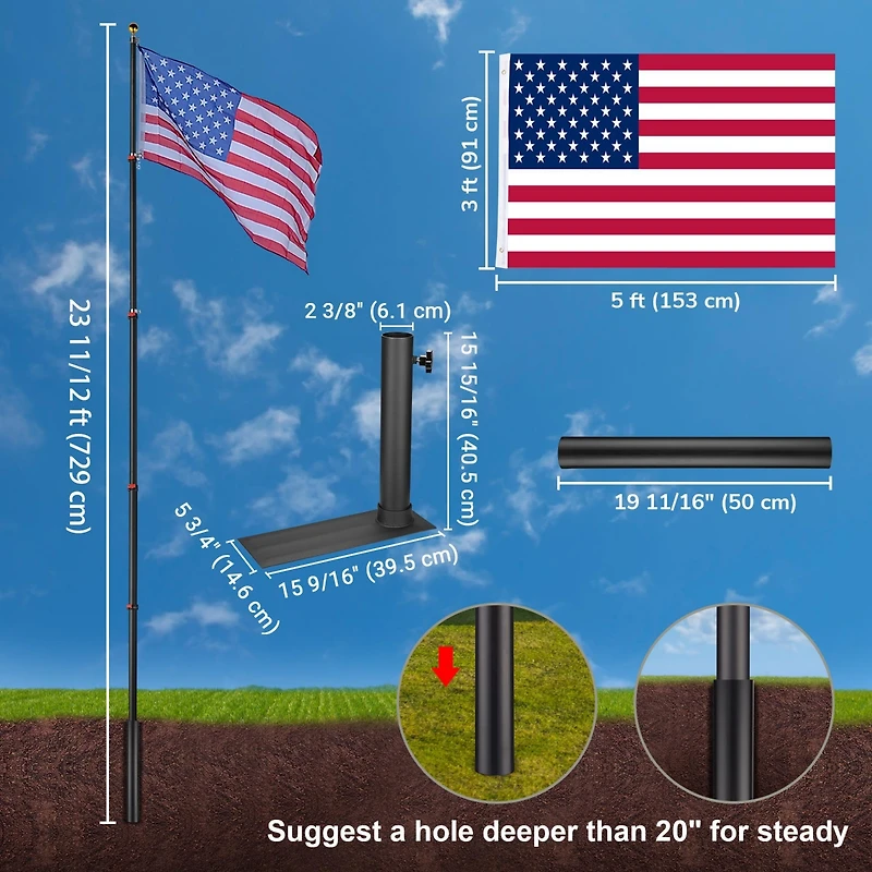 Yescom Ez Go 25ft Telescopic Flag Pole Kit Wheel Tire Mount Stand Upgrade Rotating Lock Outdoor Camper Rv Tailgate Black