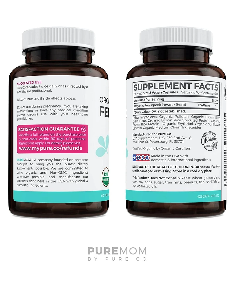 Pure Co Fenugreek Capsules, Herbal Lactation Support, Pure Mom, 60ct