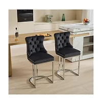 Set of 2 Velvet Counter Height Stools, 25.2" Kitchen Island Chairs with Button Tufted Back, Rivet Trim and Chrome Metal Base -The Pop Home
