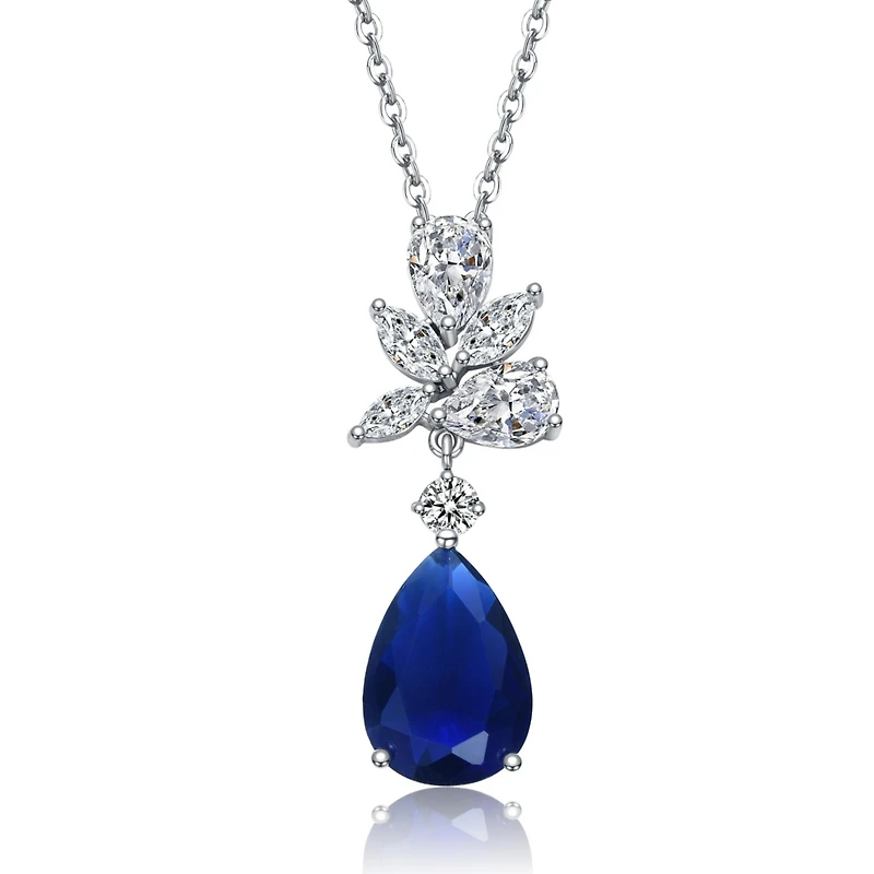White Gold Plated with Colored Cubic Zirconia Teardrop Cluster Pendant Necklace