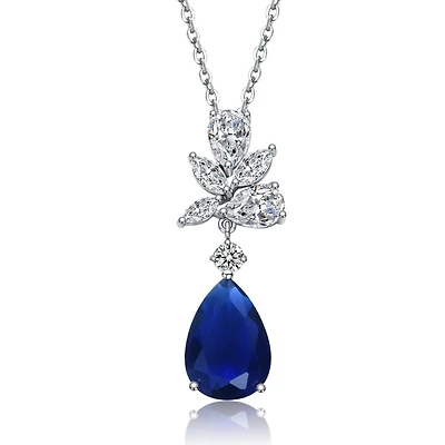 White Gold Plated with Colored Cubic Zirconia Teardrop Cluster Pendant Necklace
