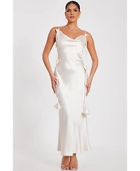 Quiz Women's Satin Cowl Neck Maxi Dress With Trailing Floral Trim