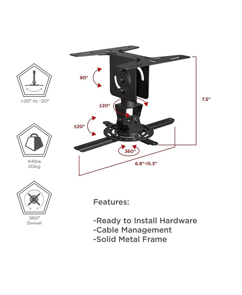 ProMounts Premium Universal Overhead Ceiling Projector Mount, Supports up to 44lbs
