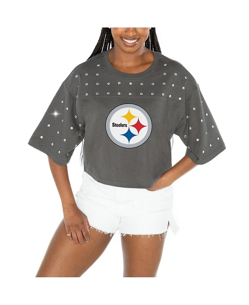 Gameday Couture Women's Gray Pittsburgh Steelers All-Over Rhinestone Cropped Oversized T-Shirt