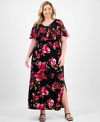 Connected Plus Floral Cape-Overlay Maxi Dress